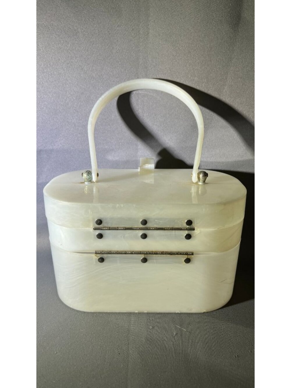 Vintage White Marbled Plastic Handbag Purse W/ Metal Clasp - Picture 2 of 7